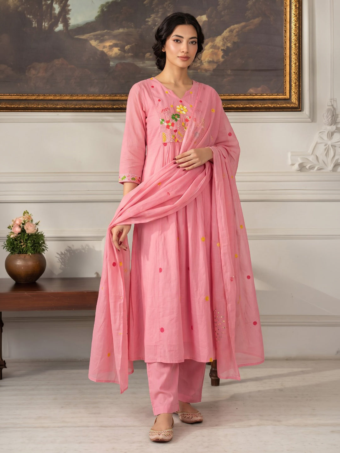 Pink Embroidered Chanderi Kurta With Pant &amp; Dupatta