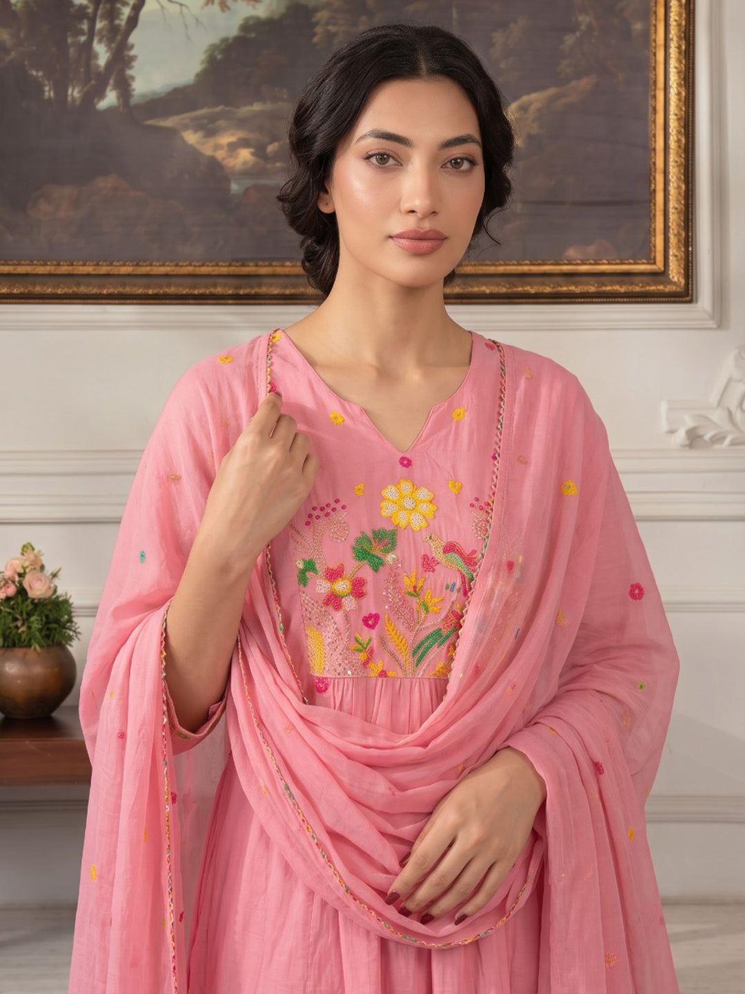 Pink Embroidered Chanderi Kurta With Pant &amp; Dupatta