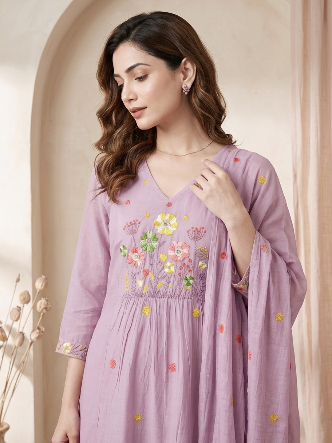 Purple Embroidered Chanderi Kurta With Pant &amp; Dupatta