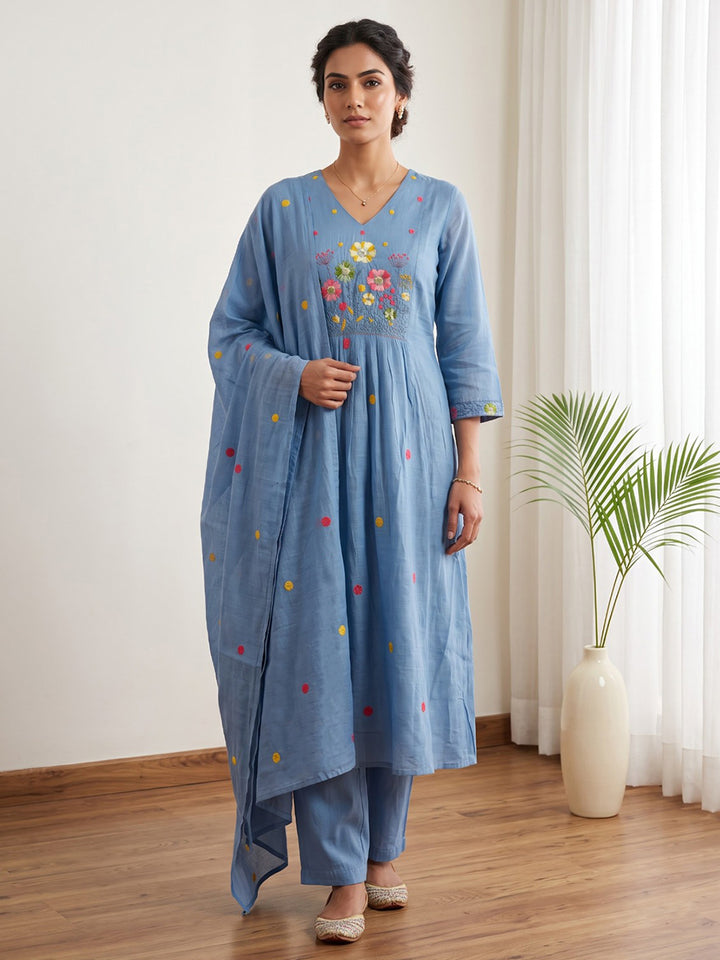 Sky Blue Embroidered Chanderi Kurta With Pant &amp; Dupatta