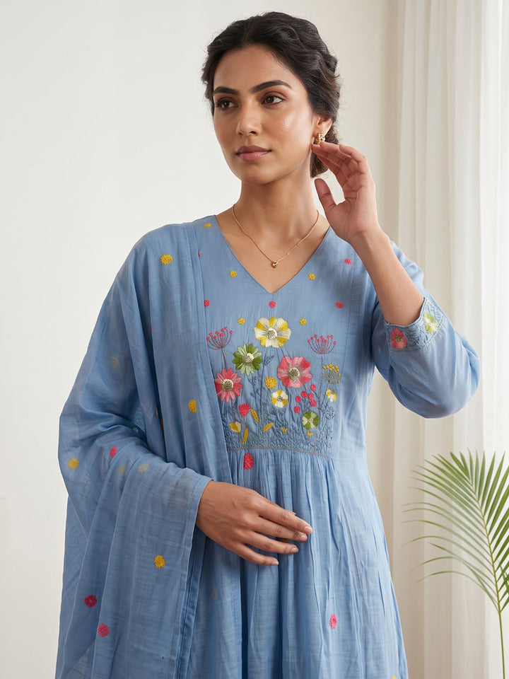 Sky Blue Embroidered Chanderi Kurta With Pant &amp; Dupatta