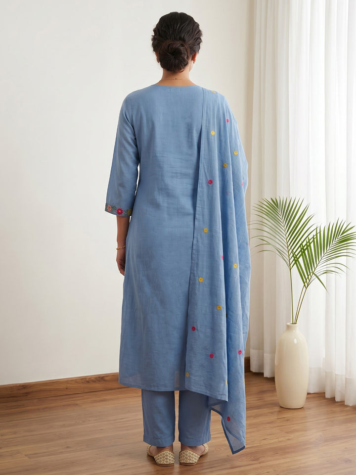 Sky Blue Embroidered Chanderi Kurta With Pant &amp; Dupatta