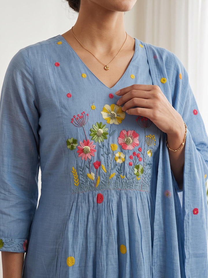 Sky Blue Embroidered Chanderi Kurta With Pant &amp; Dupatta
