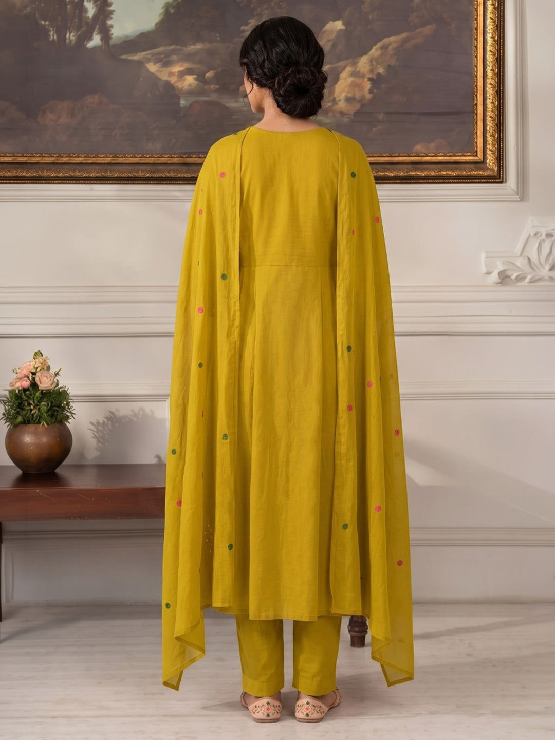 Yellow Embroidered Chanderi Kurta With Pant &amp; Dupatta
