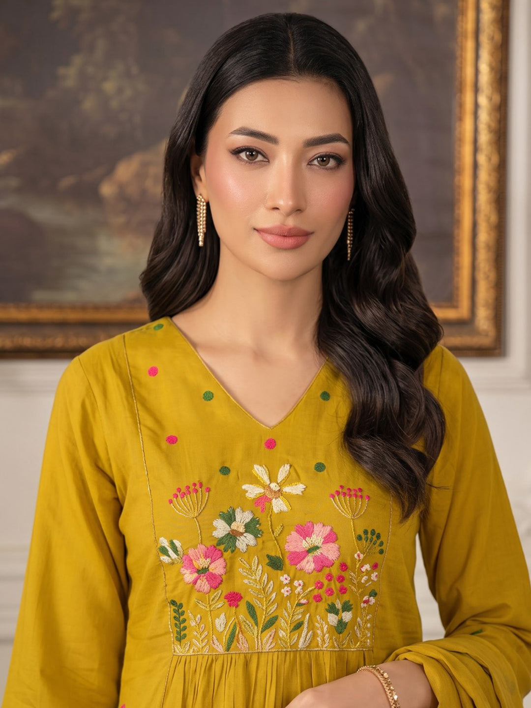 Mustard Embroidered Chanderi Kurta With Pant &amp; Dupatta