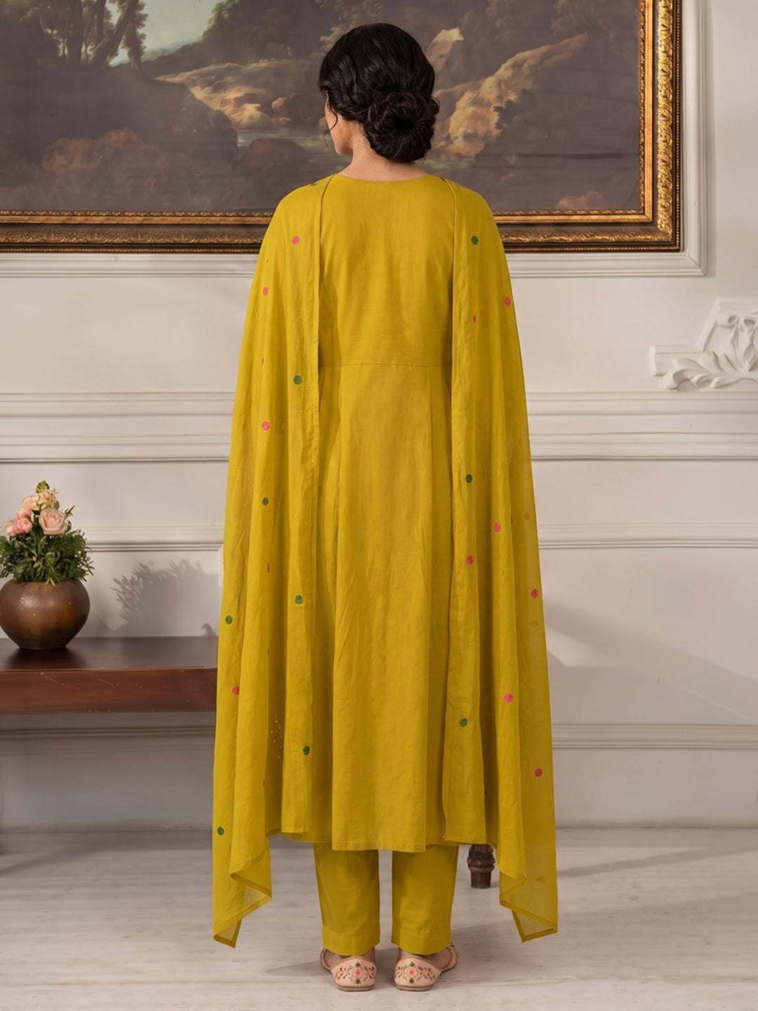 Mustard Embroidered Chanderi Kurta With Pant &amp; Dupatta