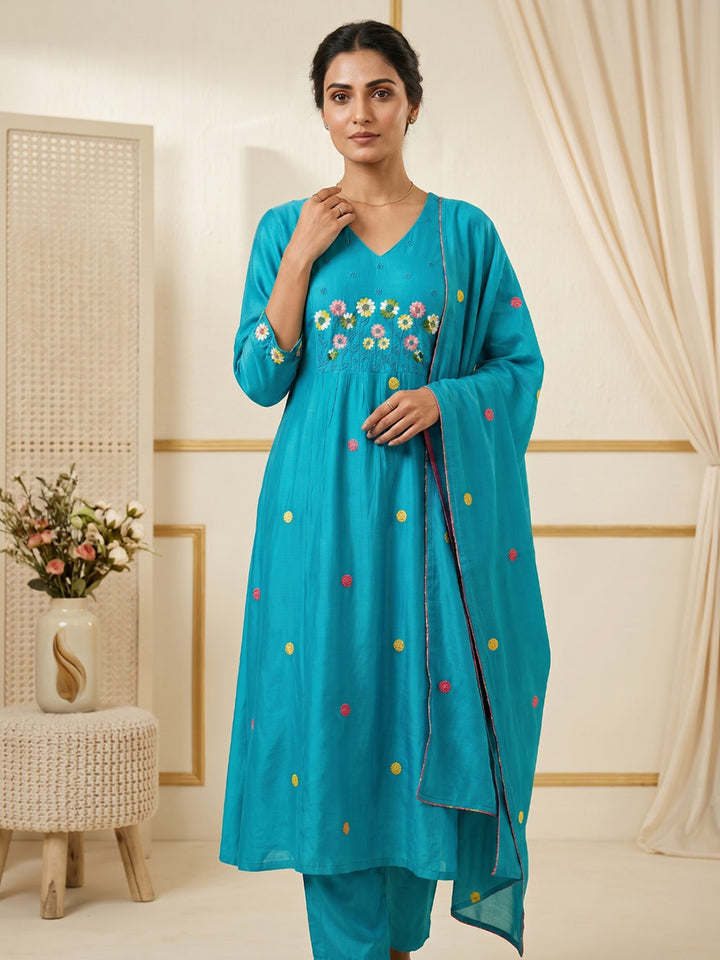 Rama Green Embroidered Chanderi Kurta With Pant &amp; Dupatta