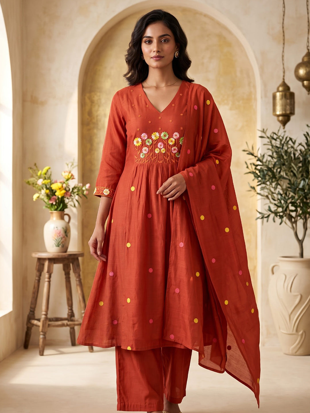 Red Embroidered Chanderi Kurta With Pant &amp; Dupatta