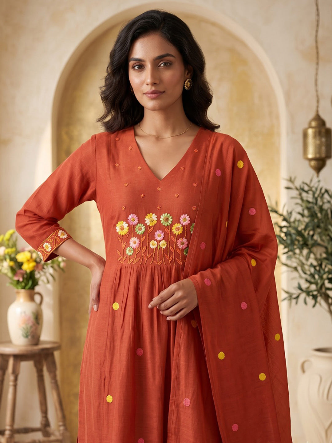 Red Embroidered Chanderi Kurta With Pant &amp; Dupatta