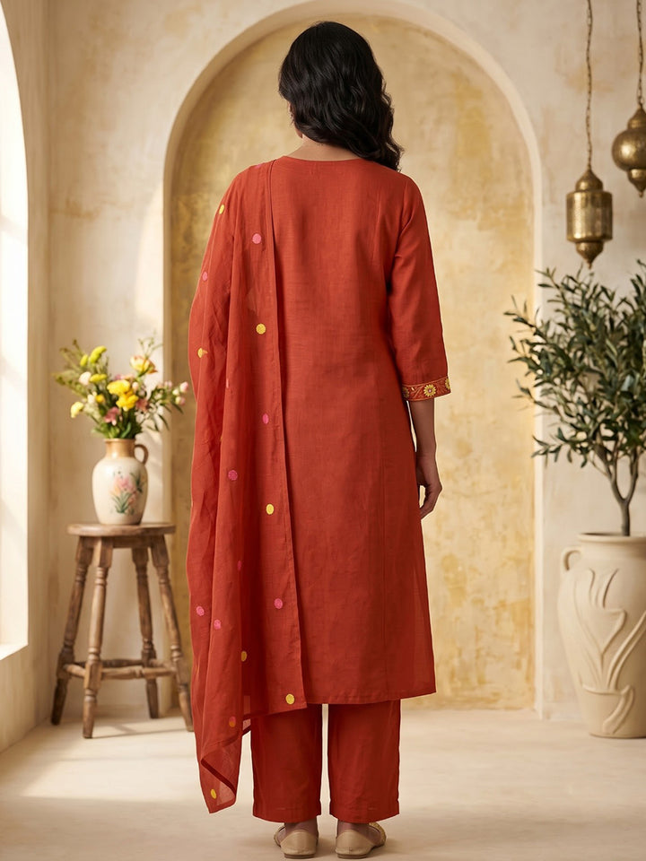 Red Embroidered Chanderi Kurta With Pant &amp; Dupatta