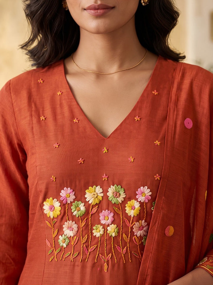Red Embroidered Chanderi Kurta With Pant &amp; Dupatta