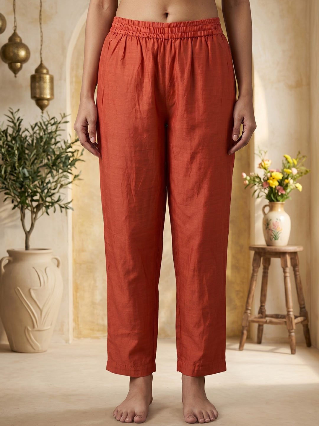 Red Embroidered Chanderi Kurta With Pant &amp; Dupatta