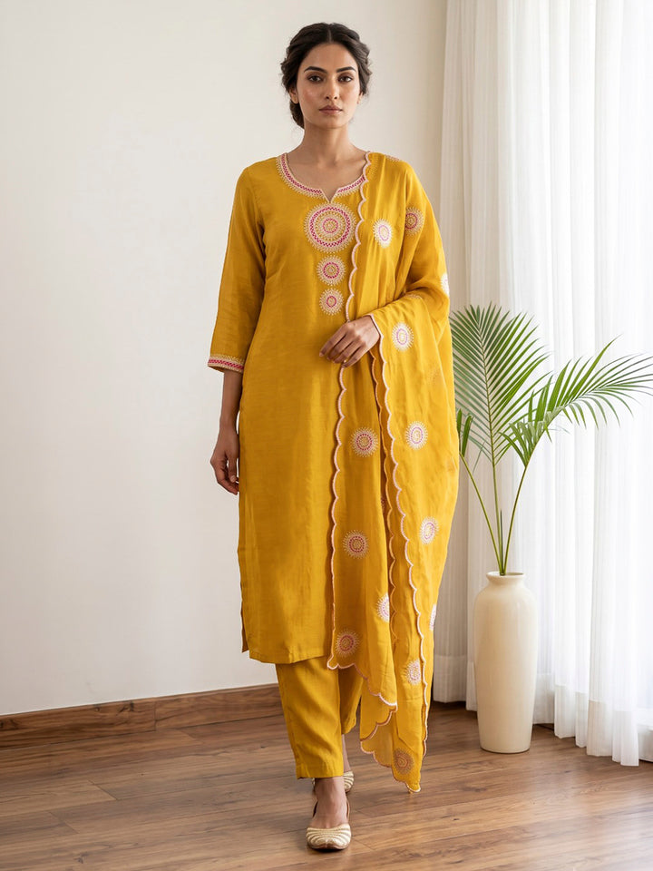 Mustard Printed Chanderi Kurta With Pant &amp; Dupatta