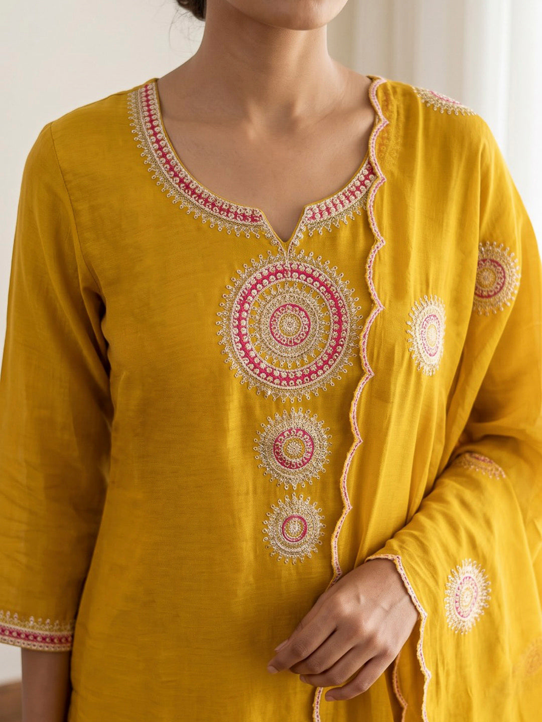 Mustard Printed Chanderi Kurta With Pant &amp; Dupatta