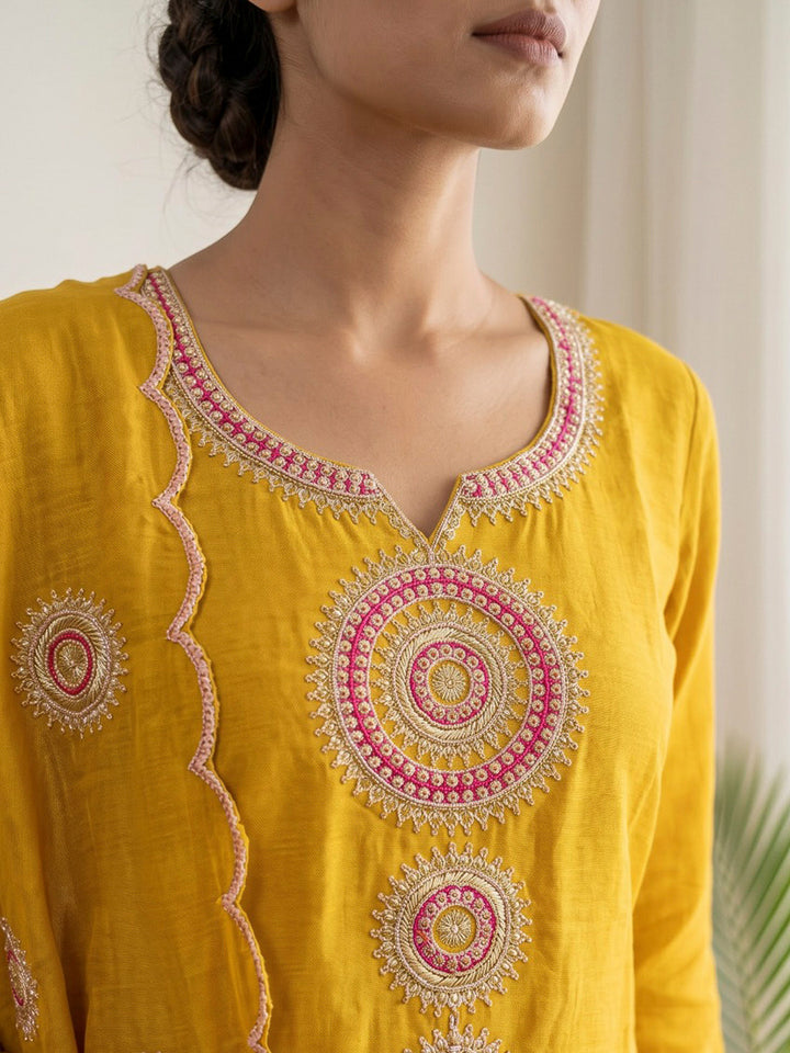 Mustard Printed Chanderi Kurta With Pant &amp; Dupatta