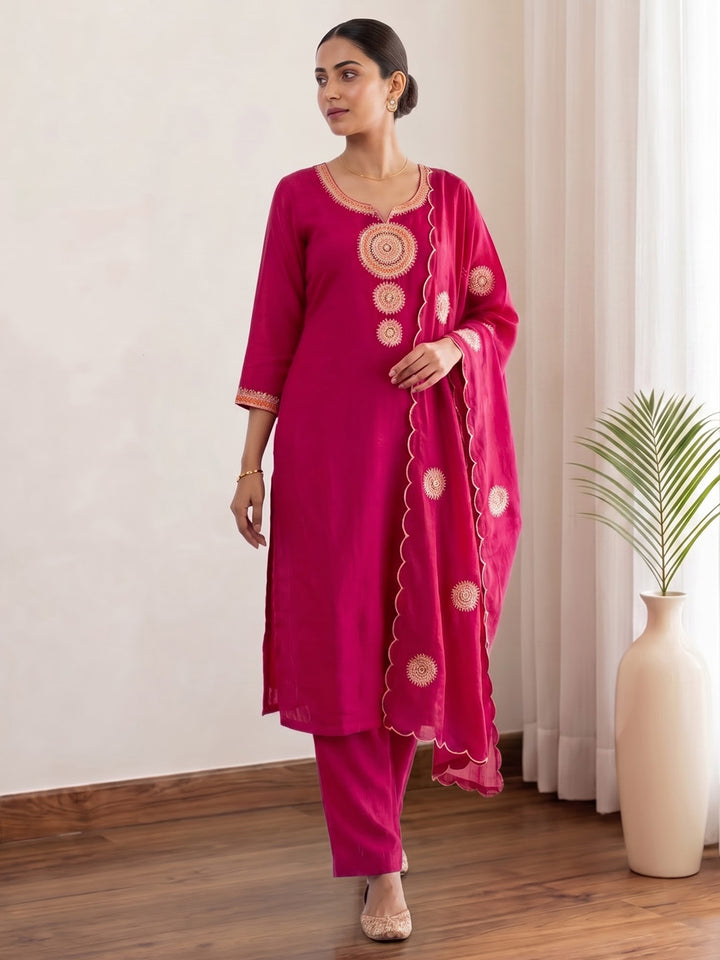 Rani Printed Chanderi Kurta With Pant &amp; Dupatta