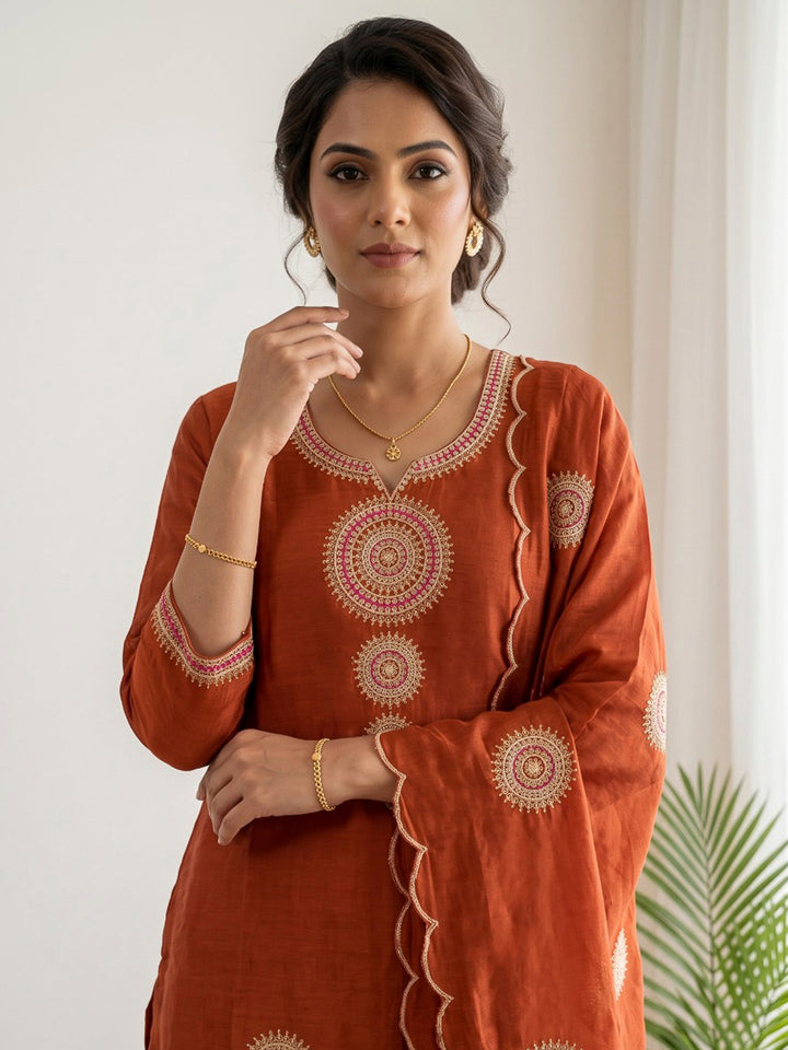 Rust Printed Chanderi Kurta With Pant &amp; Dupatta