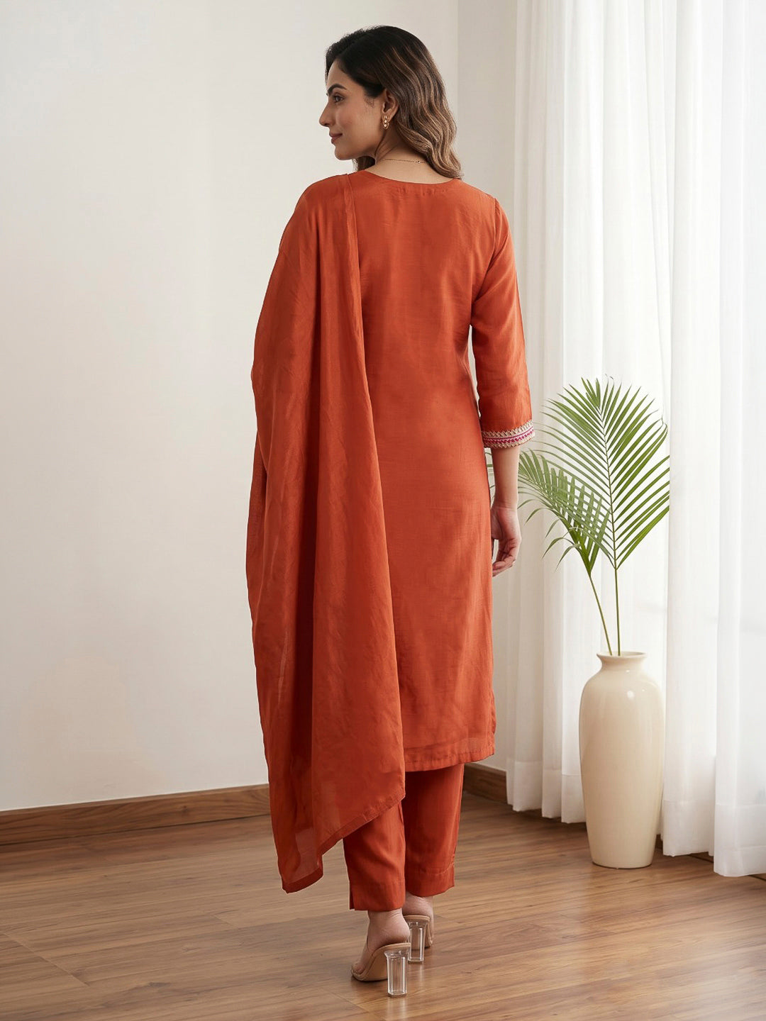 Rust Printed Chanderi Kurta With Pant &amp; Dupatta