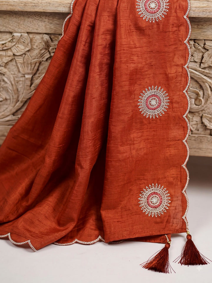 Rust Printed Chanderi Kurta With Pant &amp; Dupatta