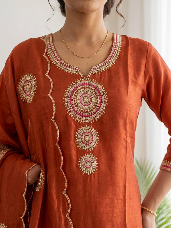 Rust Printed Chanderi Kurta With Pant &amp; Dupatta