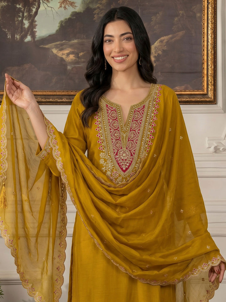 Mustard Printed Chanderi Kurta With Pant &amp; Dupatta