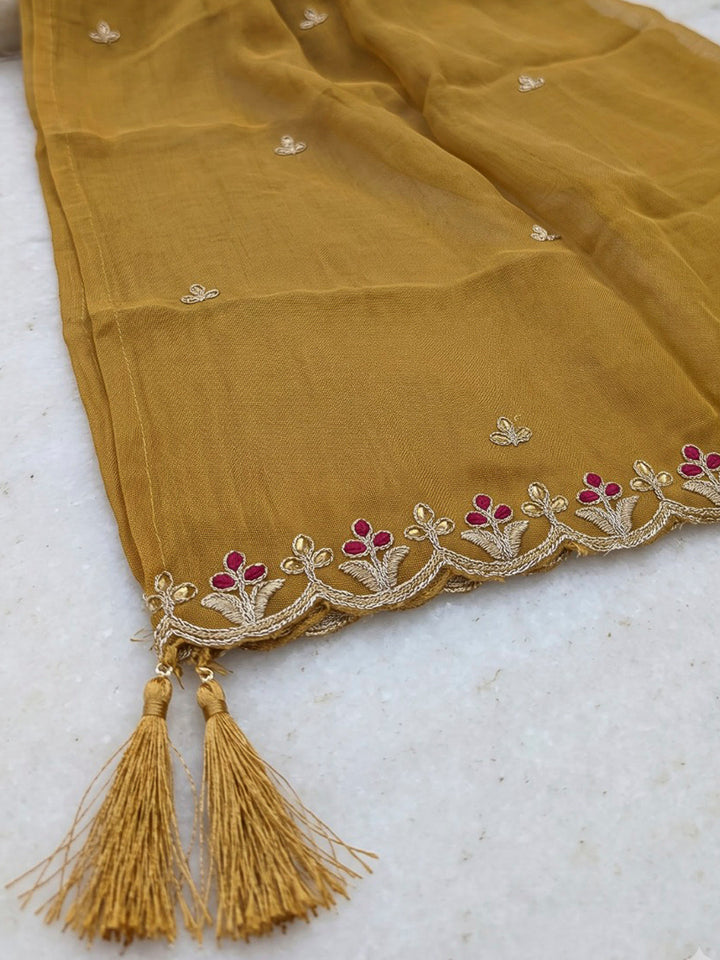 Mustard Printed Chanderi Kurta With Pant &amp; Dupatta
