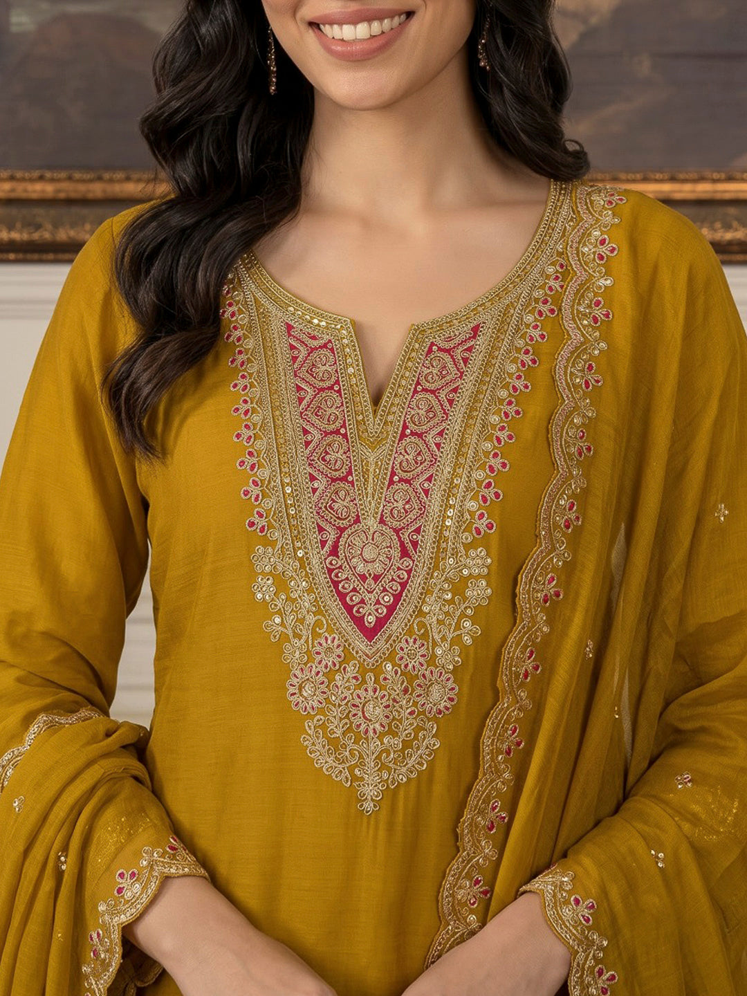 Mustard Printed Chanderi Kurta With Pant &amp; Dupatta
