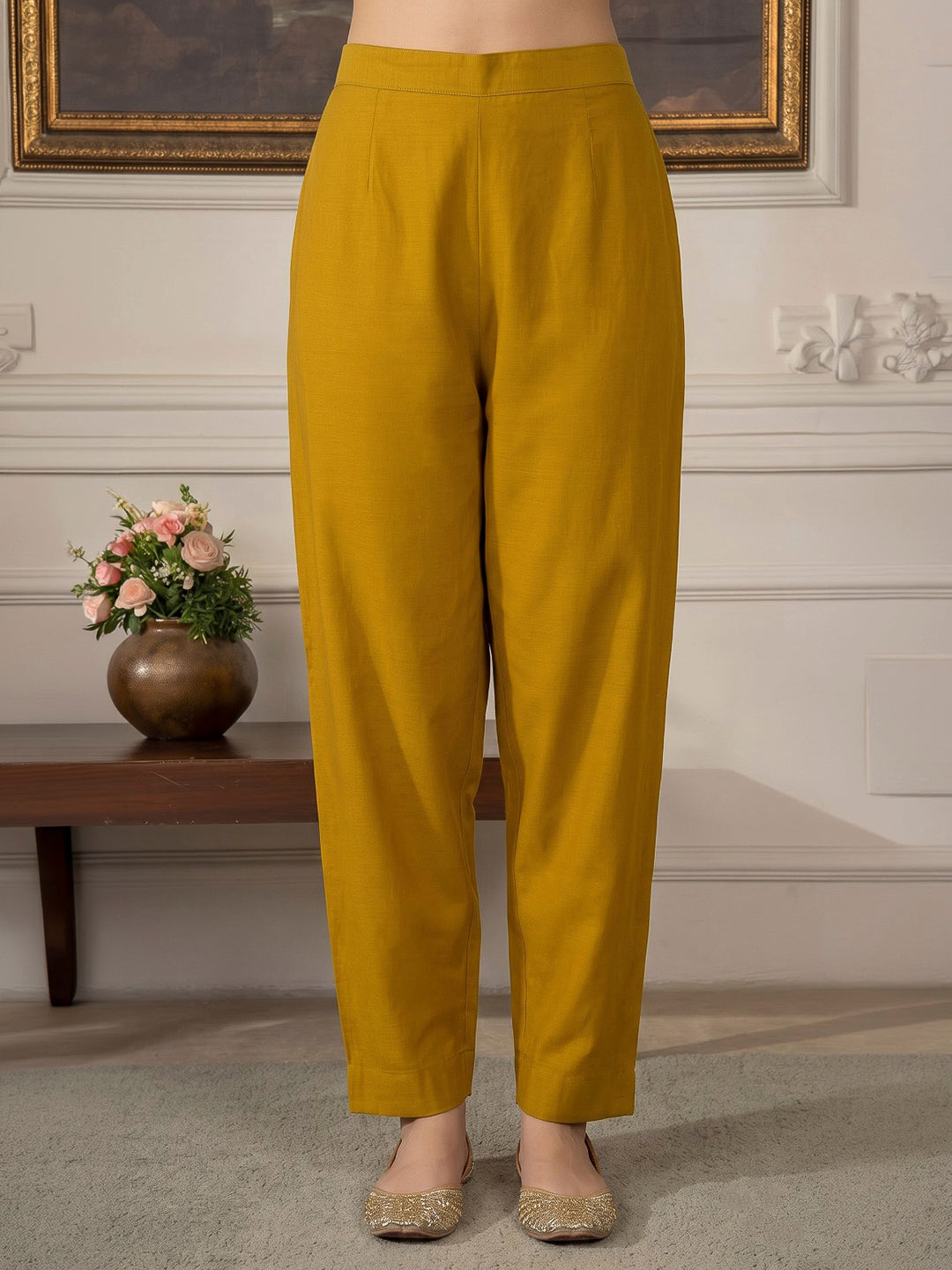 Mustard Printed Chanderi Kurta With Pant &amp; Dupatta