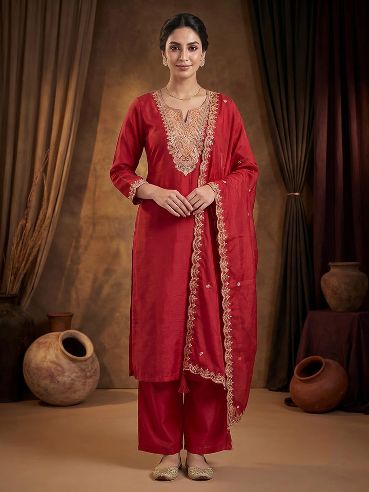 Rani Printed Chanderi Kurta With Pant &amp; Dupatta