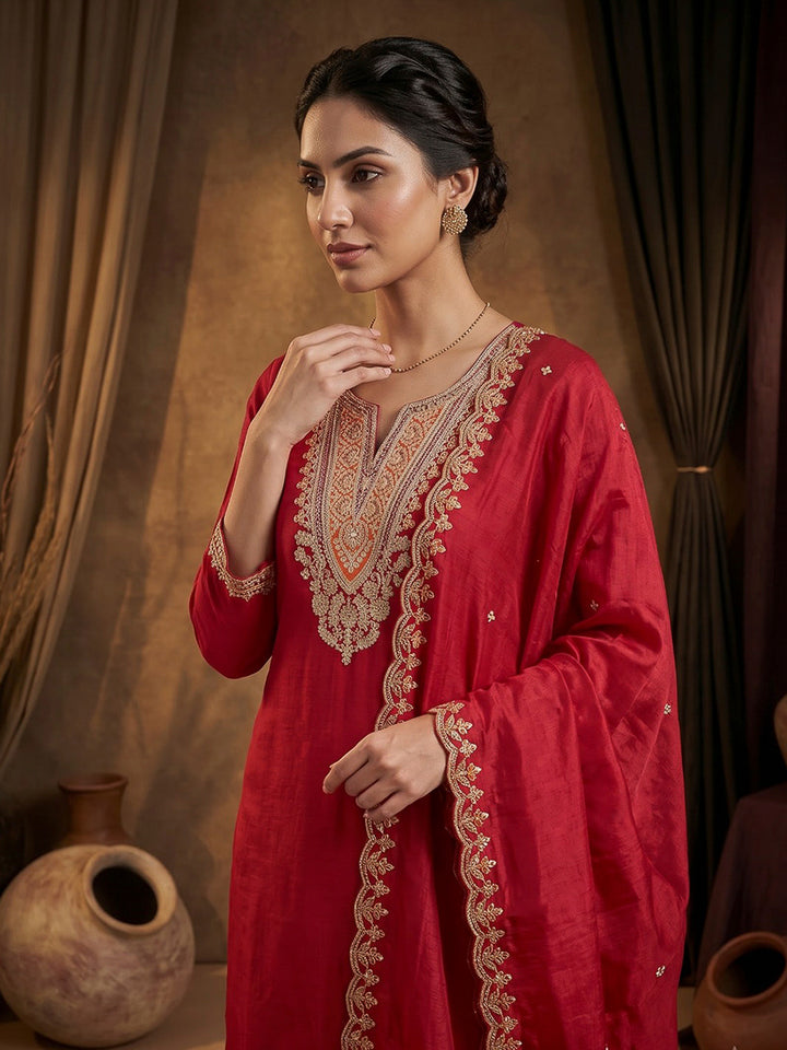 Rani Printed Chanderi Kurta With Pant &amp; Dupatta