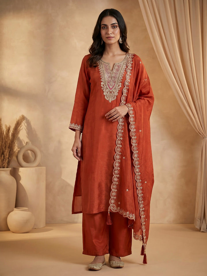 Rust Printed Chanderi Kurta With Pant &amp; Dupatta