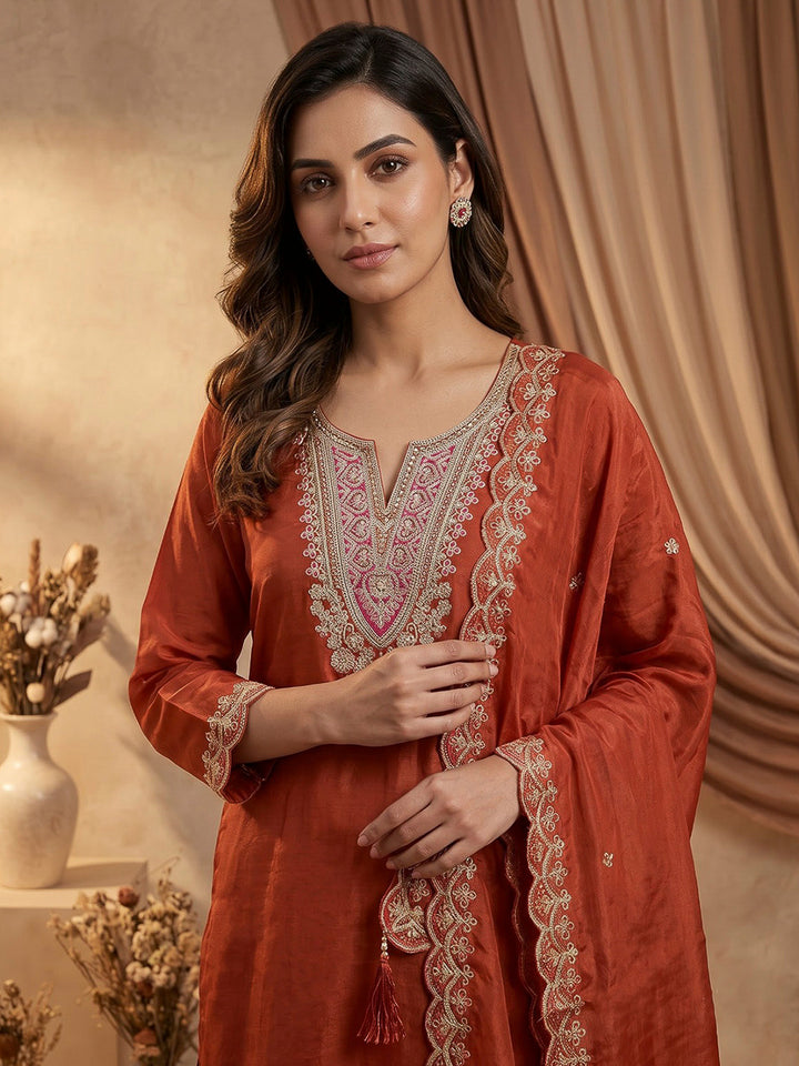 Rust Printed Chanderi Kurta With Pant &amp; Dupatta