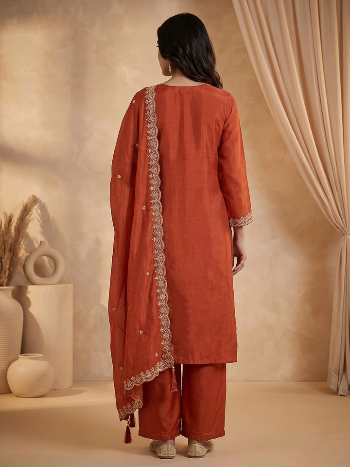 Rust Printed Chanderi Kurta With Pant &amp; Dupatta