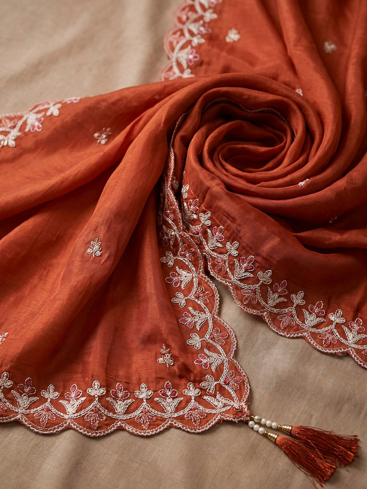 Rust Printed Chanderi Kurta With Pant &amp; Dupatta