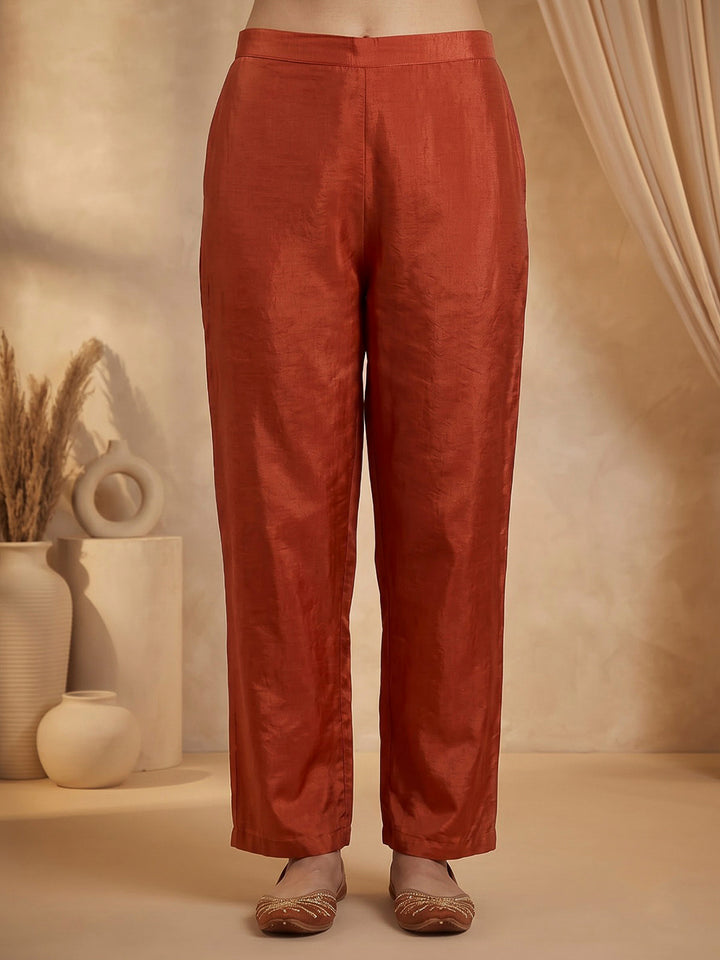 Rust Printed Chanderi Kurta With Pant &amp; Dupatta