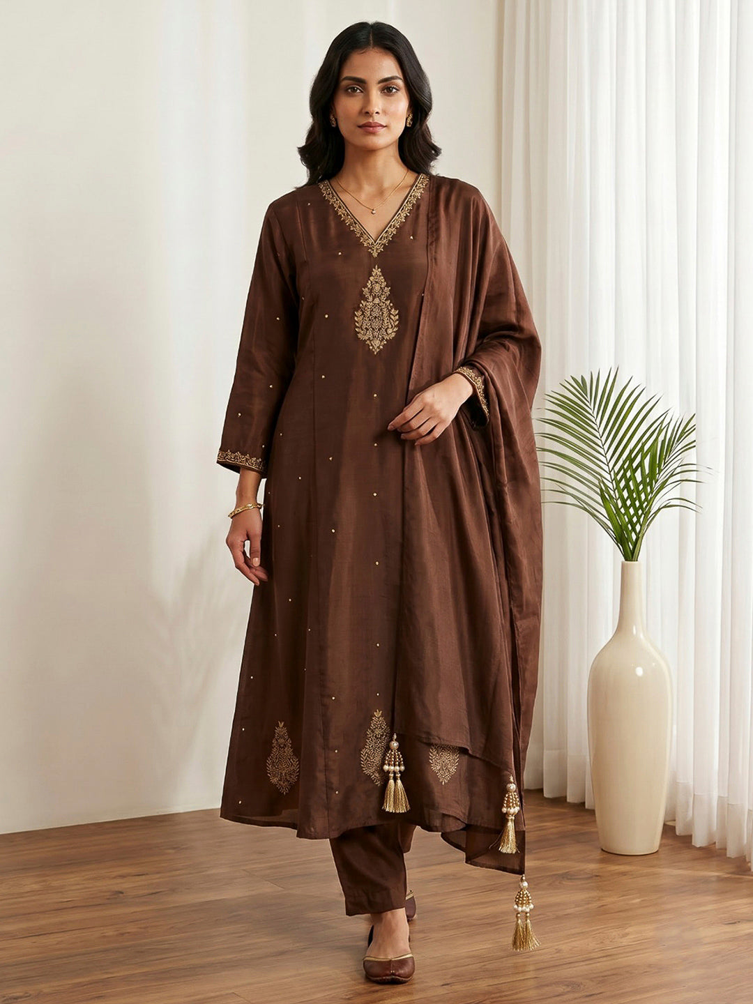 Brown Printed Chanderi Kurta With Pant &amp; Dupatta