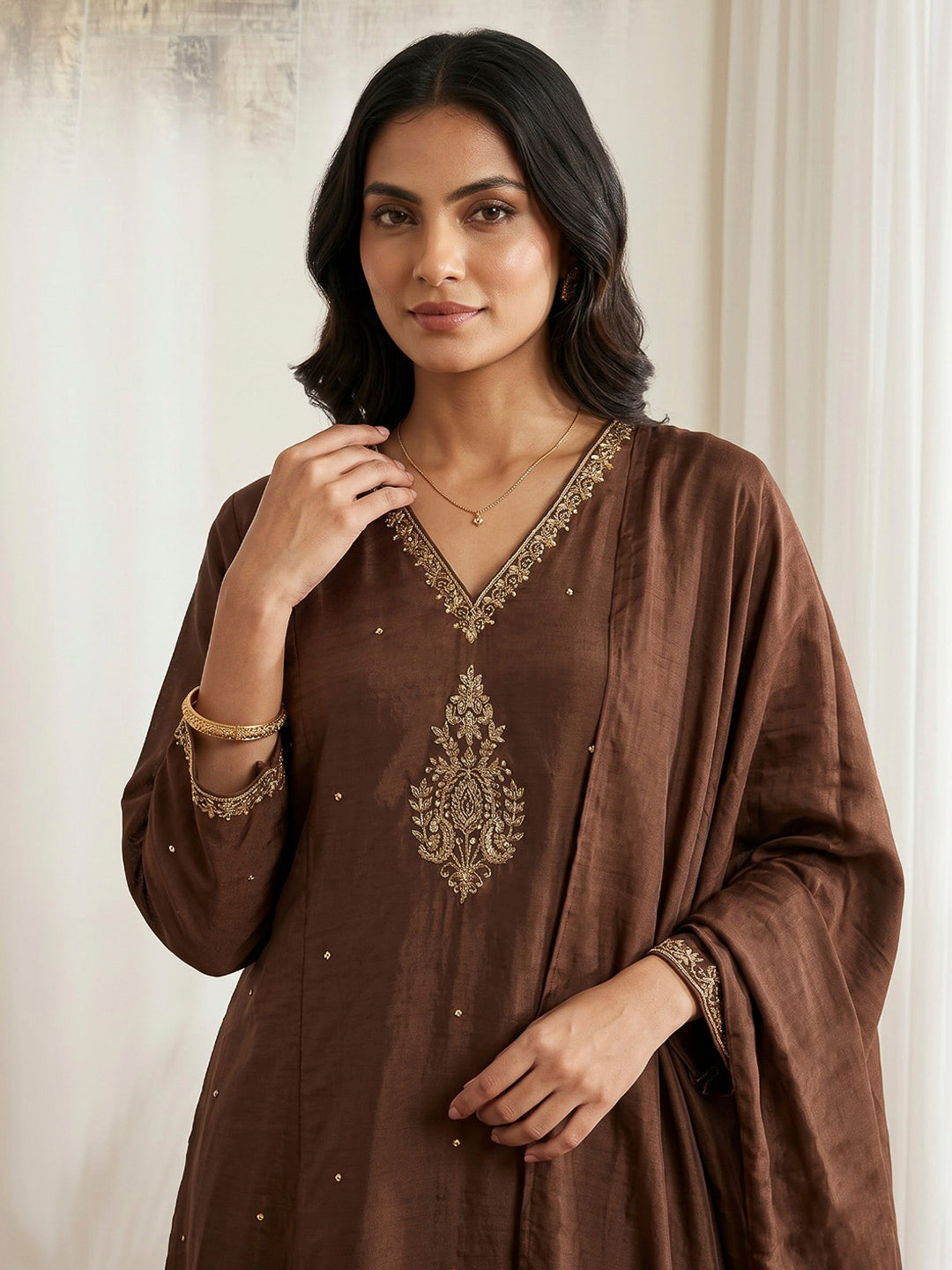 Brown Printed Chanderi Kurta With Pant &amp; Dupatta