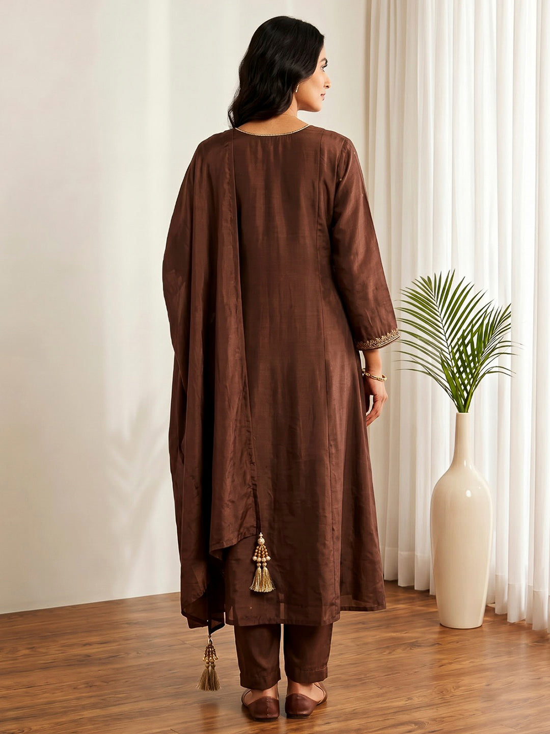 Brown Printed Chanderi Kurta With Pant &amp; Dupatta