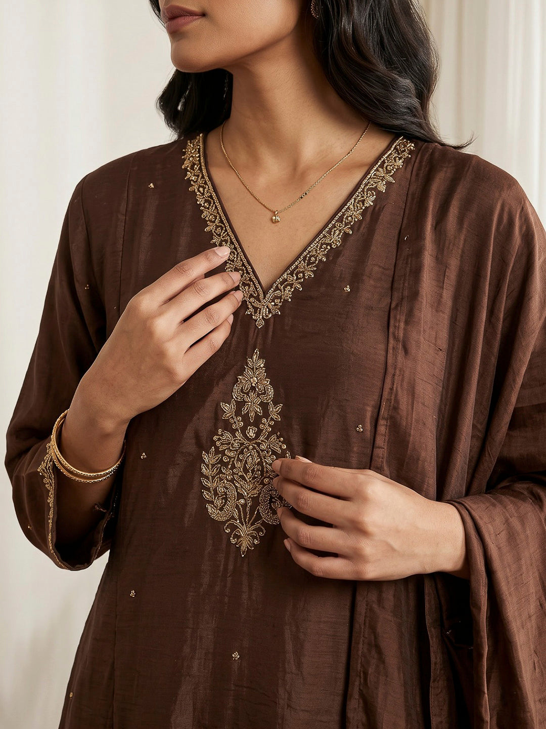 Brown Printed Chanderi Kurta With Pant &amp; Dupatta