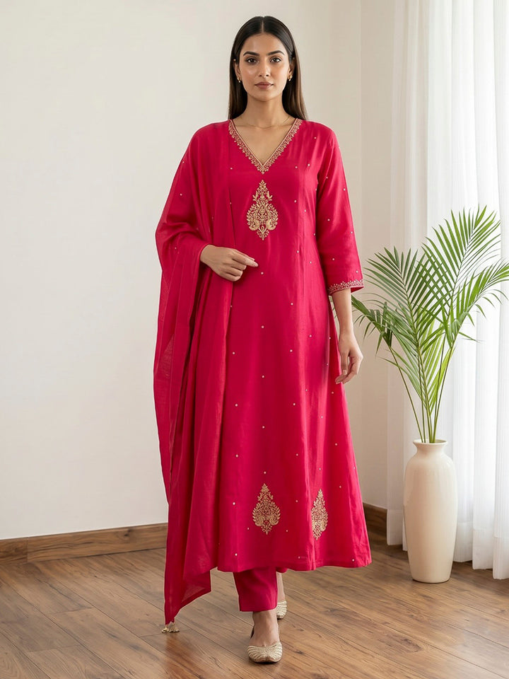 Rani Printed Chanderi Kurta With Pant &amp; Dupatta