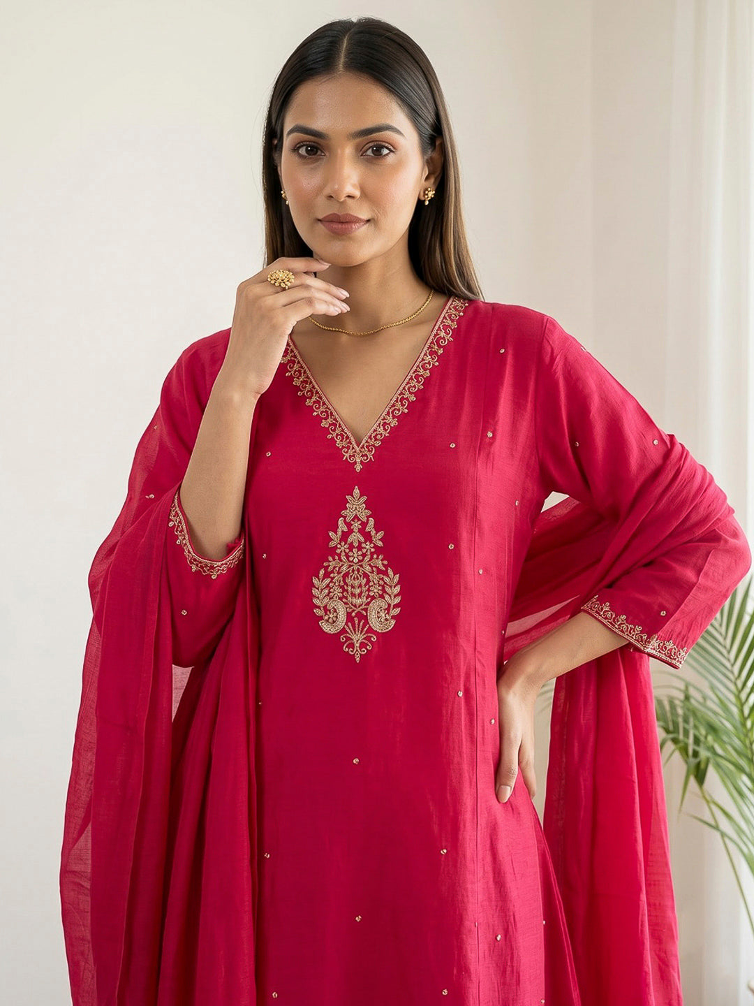 Rani Printed Chanderi Kurta With Pant &amp; Dupatta