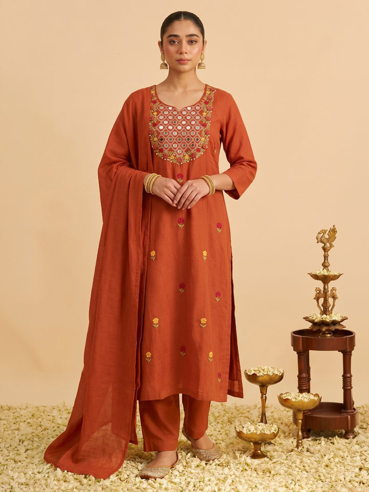 Rust Printed Cotton Blend Kurta With Pant &amp; Dupatta