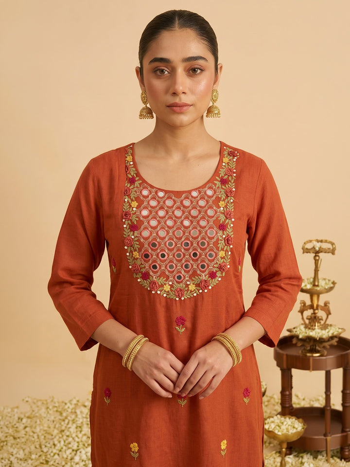 Rust Printed Cotton Blend Kurta With Pant &amp; Dupatta