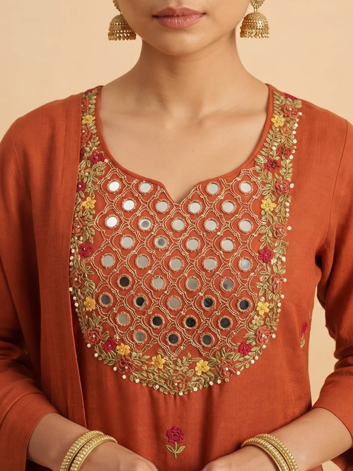 Rust Printed Cotton Blend Kurta With Pant &amp; Dupatta