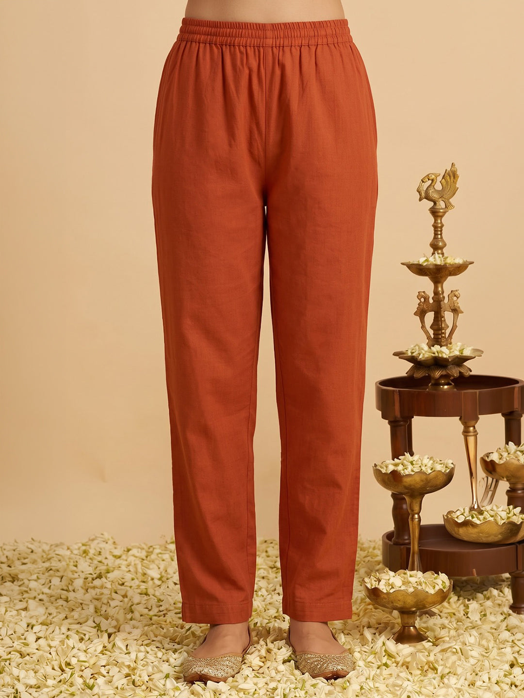 Rust Printed Cotton Blend Kurta With Pant &amp; Dupatta