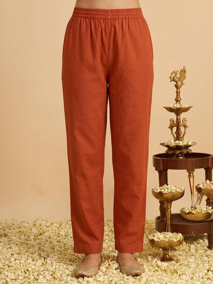 Rust Printed Cotton Blend Kurta With Pant &amp; Dupatta