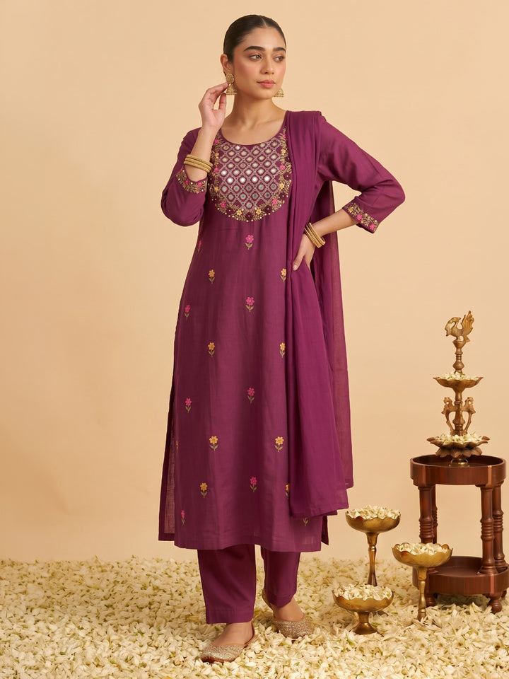 Wine Printed Cotton Blend Kurta With Pant &amp; Dupatta