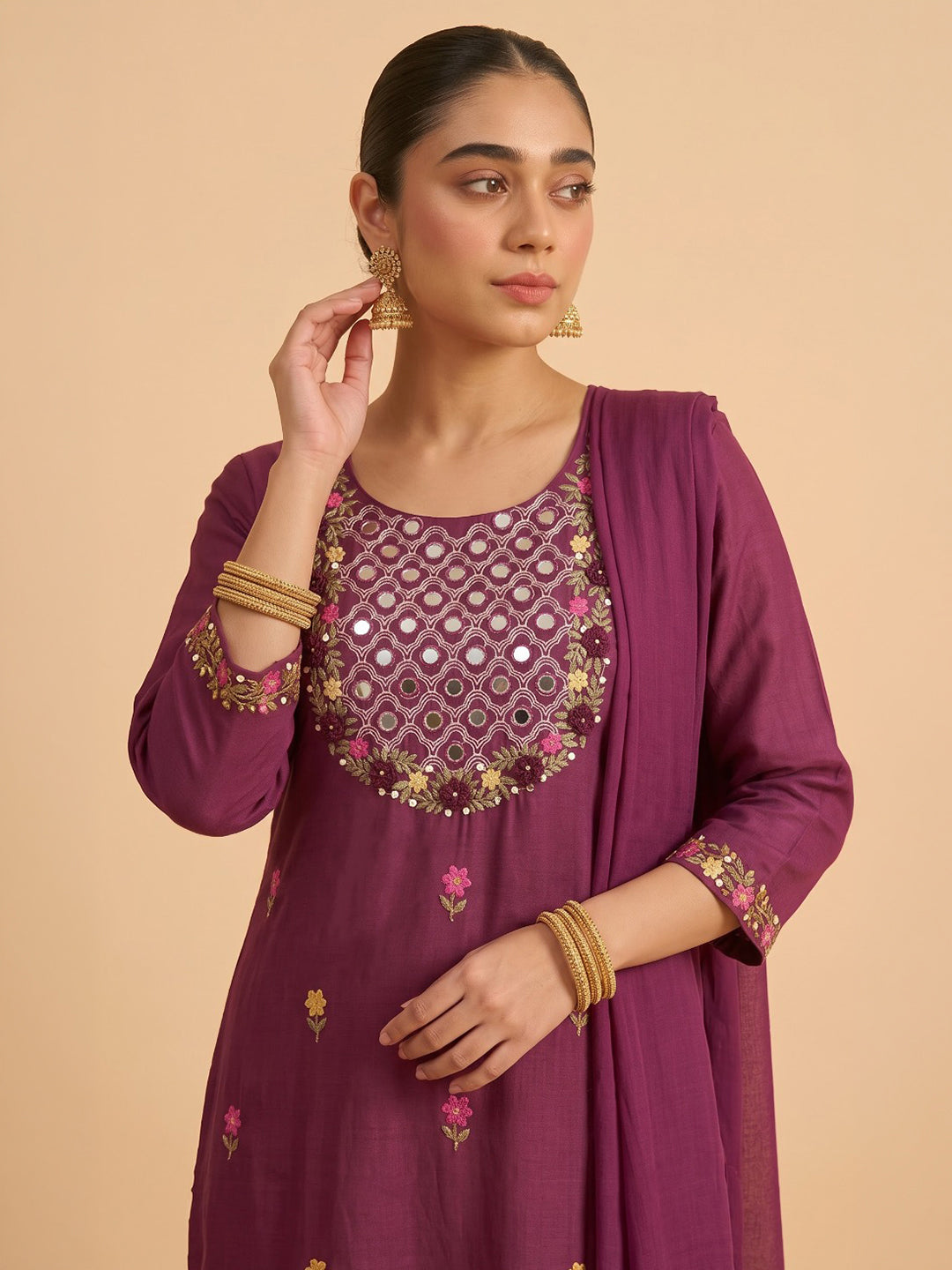 Wine Printed Cotton Blend Kurta With Pant &amp; Dupatta