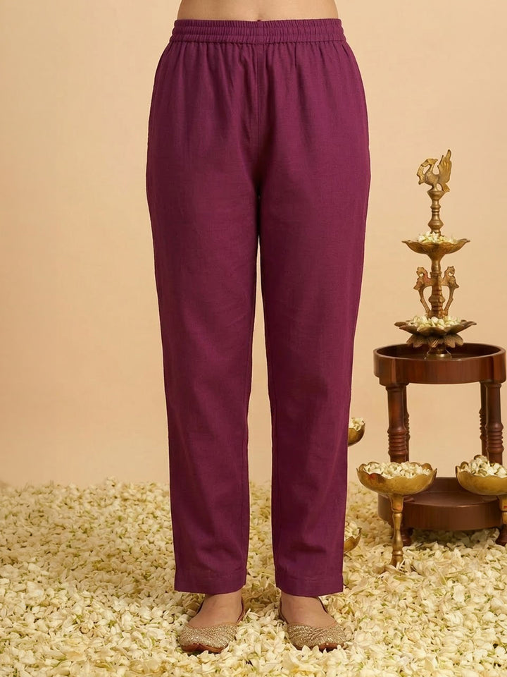 Wine Printed Cotton Blend Kurta With Pant &amp; Dupatta