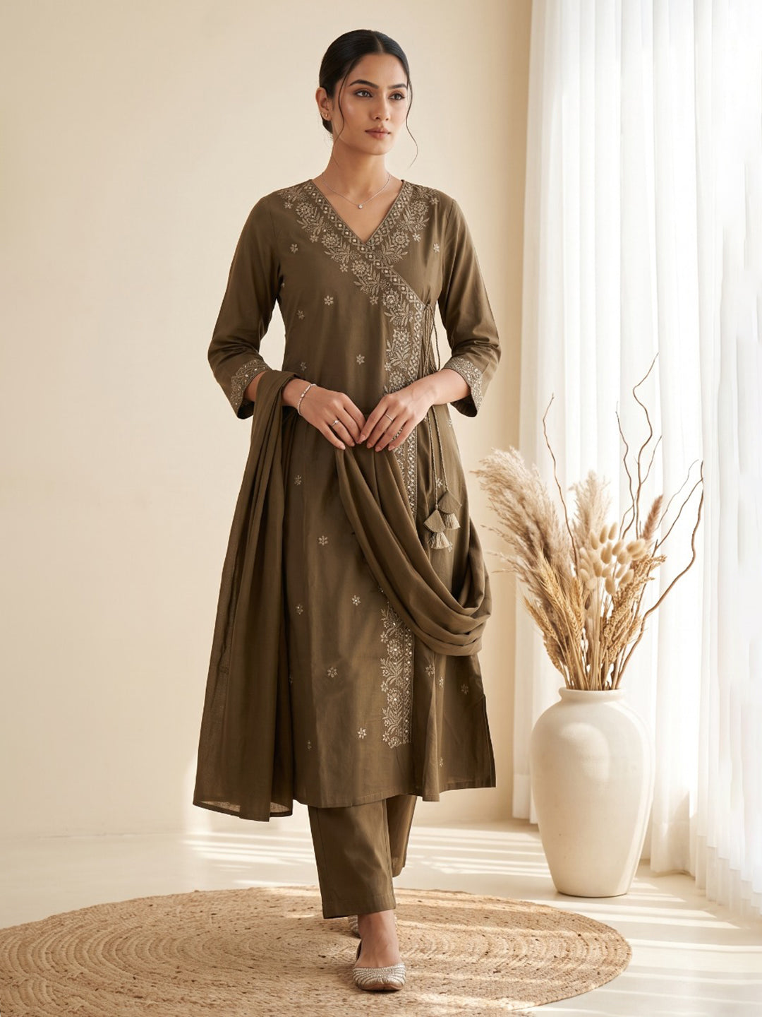 Brown Embroidered Kurta With Pant &amp; Dupatta